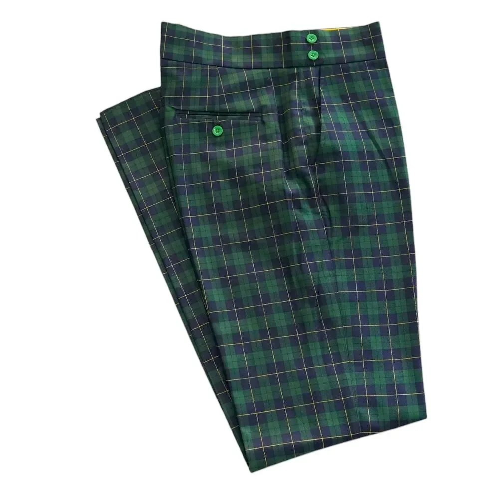Mens 36 Gurkha Pants Green Navy Tartan Plaid Wool Flat Front Slim Fit Trousers